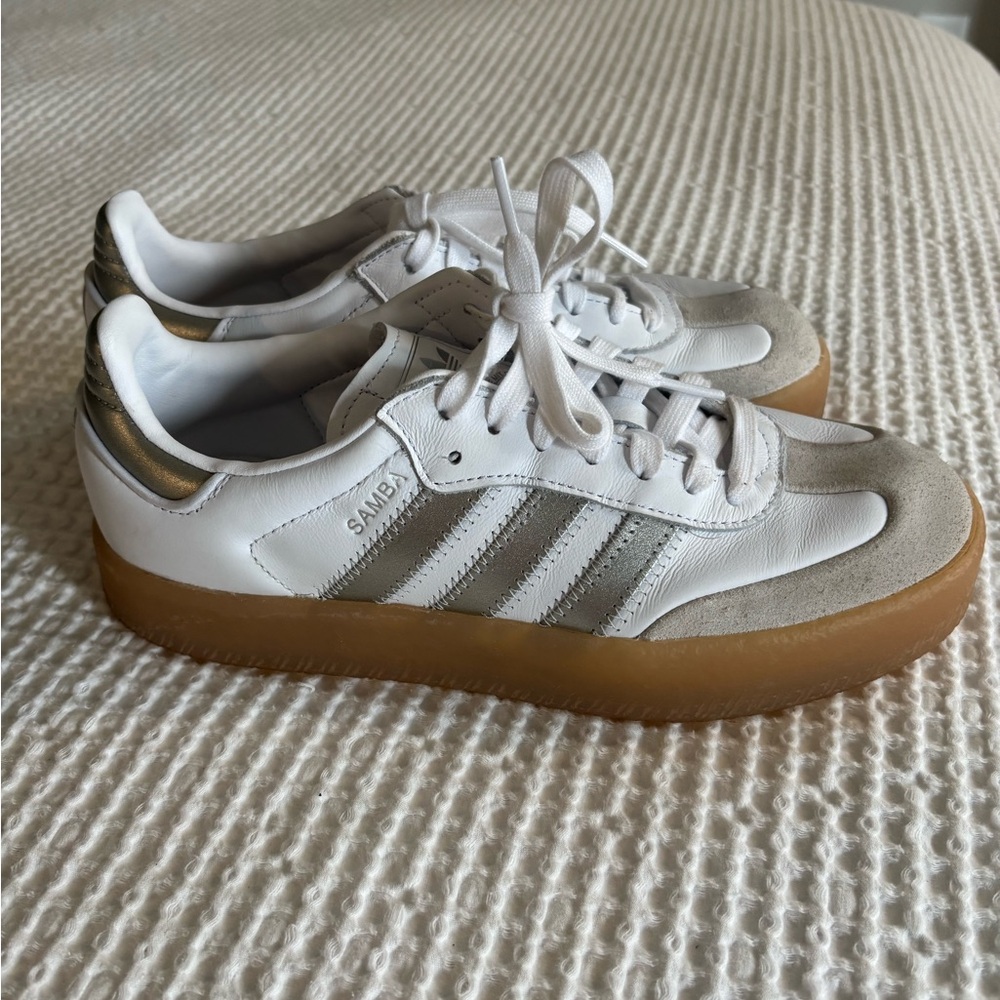 Adidas Sambae White and Silver Sneakers with Gum Sole